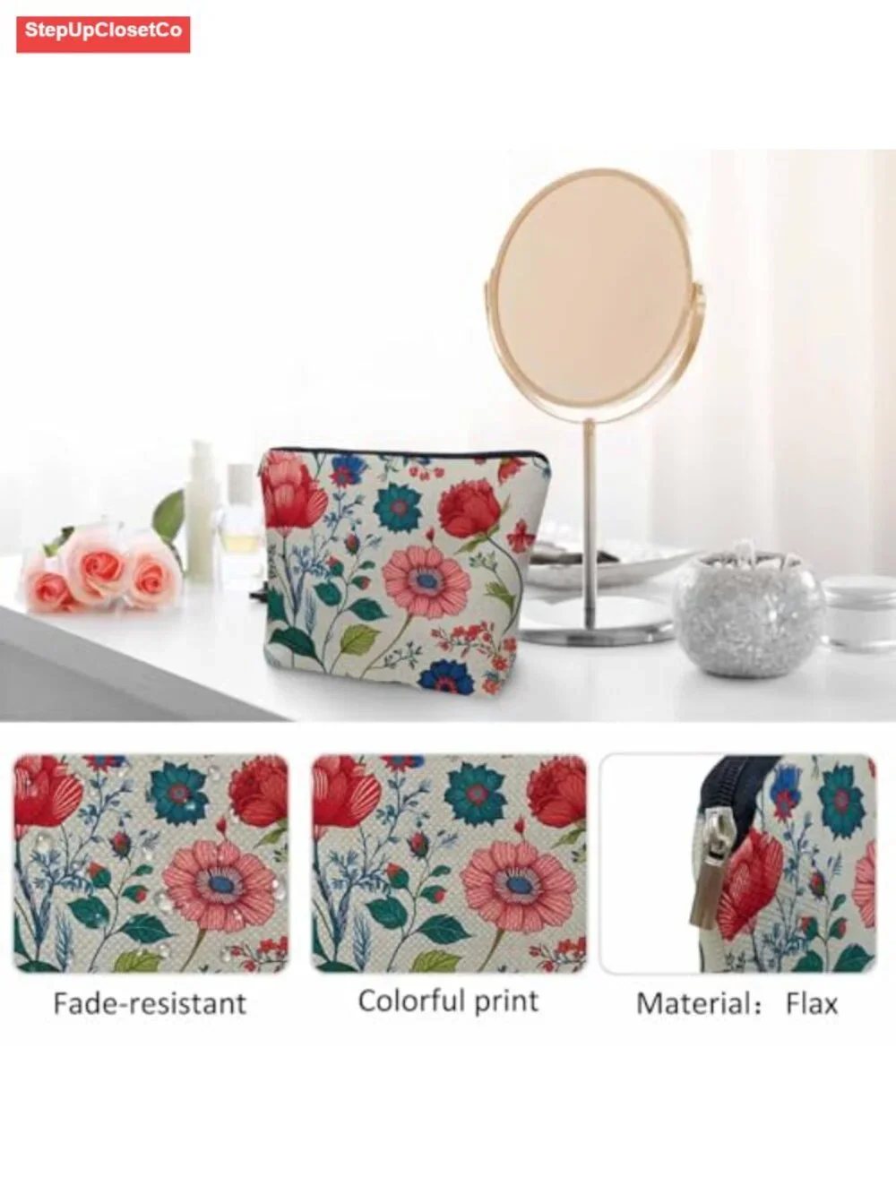 Flax Cosmetic Travel Bag Toiletry Organizer with Zipper, Makeup Bag for Women
